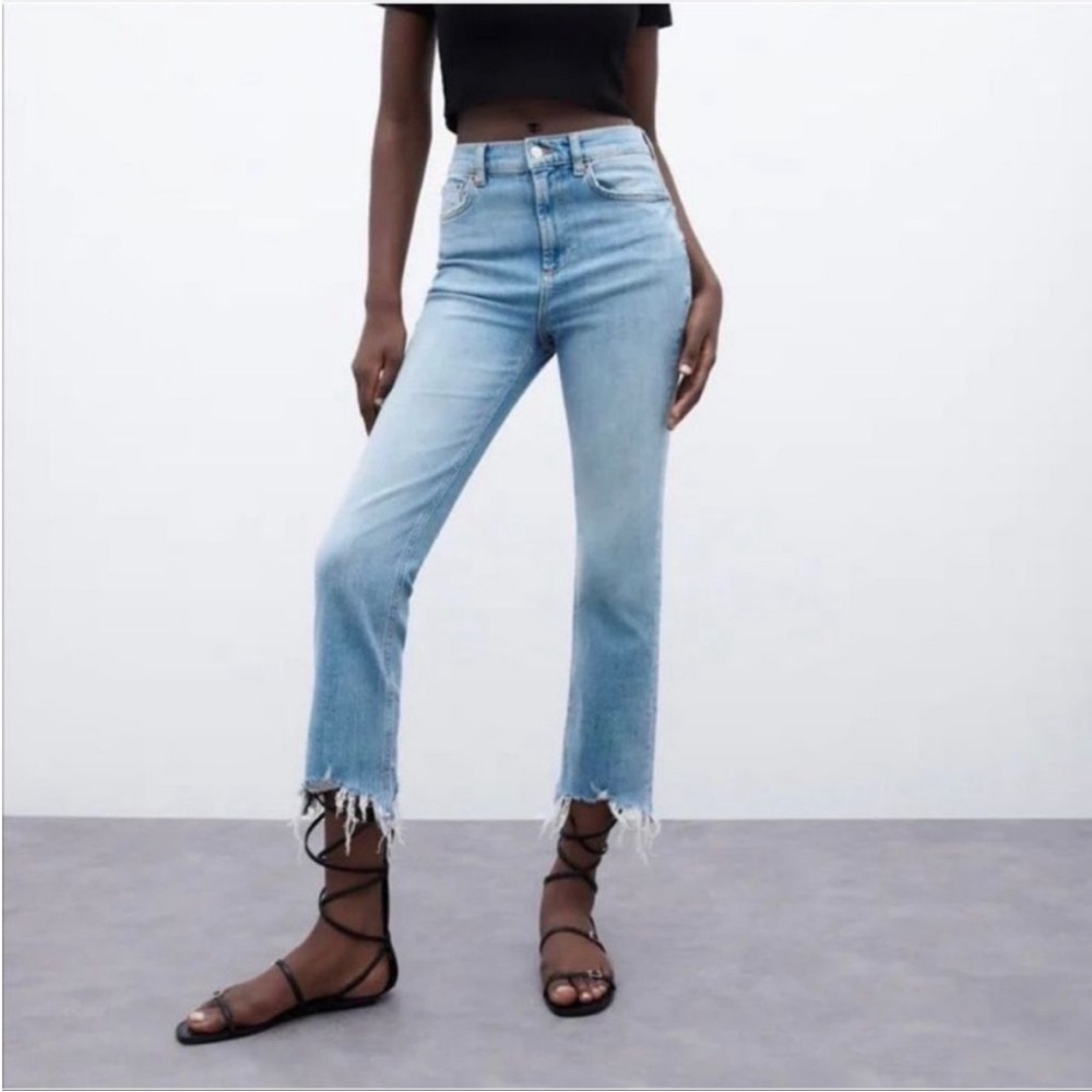 Zara Light Blue Straight Leg Jeans With Raw Hem